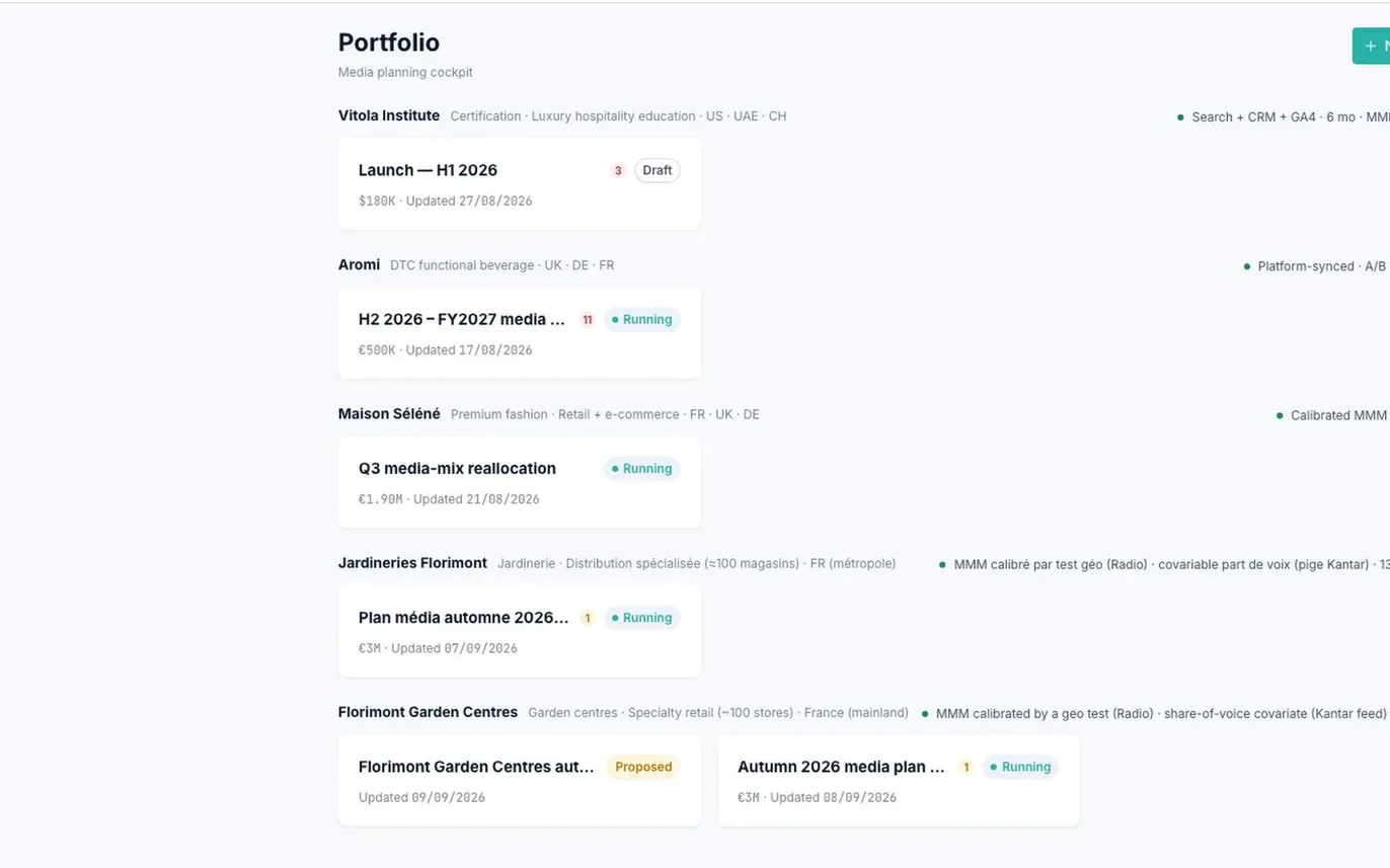 The portfolio cockpit for an agency, then the weekly report and the plan deck it exports, carrying the agency's own logo.