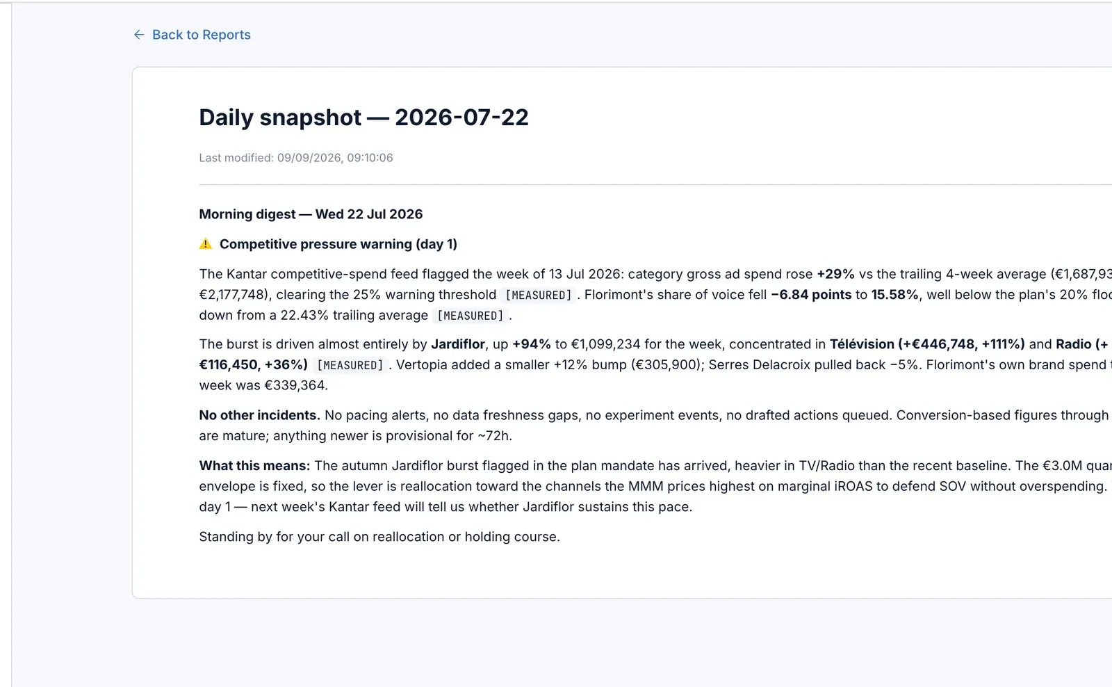 A daily snapshot in the planner: the competitive-pressure warning that opened, what drove it and what it means for the plan.