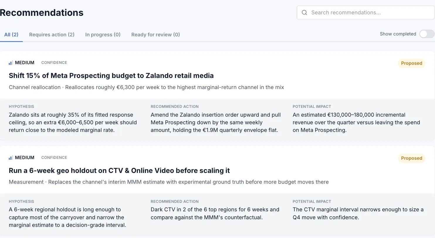 Two recommendations: shift budget from Meta Prospecting to retail media, and run a six-week geo holdout on CTV before scaling it.
